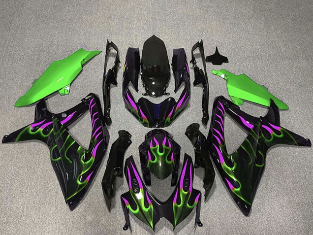 Carenados Moto Suzuki GSXR 600 / GSXR 750 2008-2010 - Negro Brillante Verde Púrpura Llama