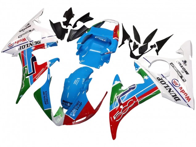 Carenados Moto Yamaha YZF 600 R6 2005 - Azul Claro Blanco Verde Rojo Kastinee Dunlop Motul